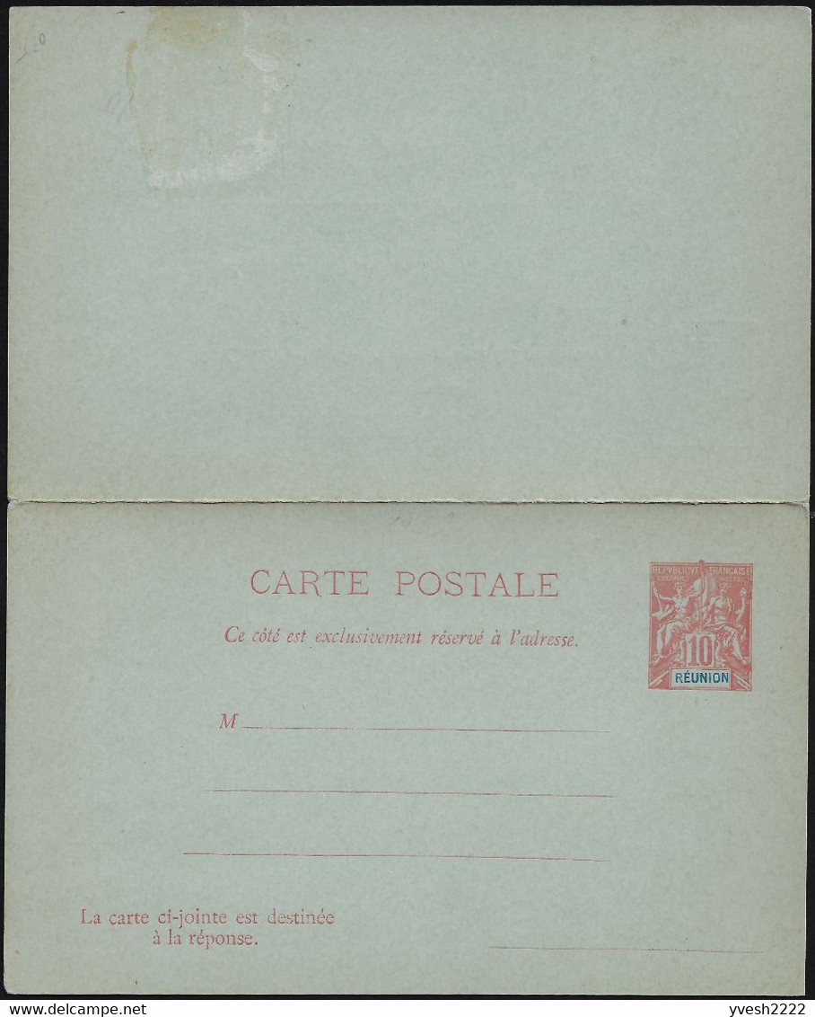 Réunion 1900. 3 entiers postaux, cartes avec et sans réponse payée. Curiosité, « Réunion » décentré