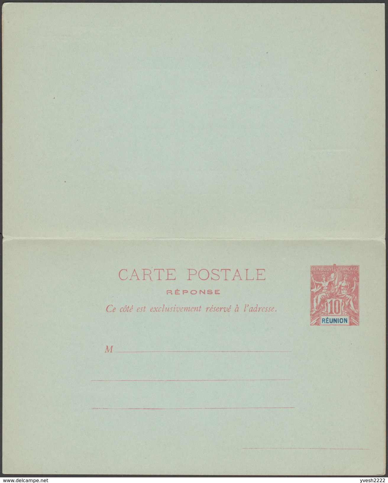 Réunion 1900. 3 entiers postaux, cartes avec et sans réponse payée. Curiosité, « Réunion » décentré