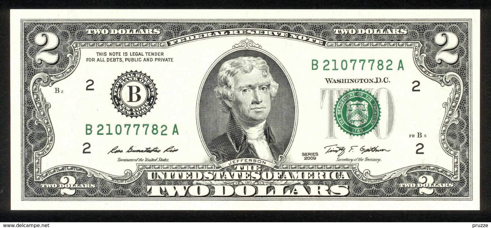 USA 2009, Federal Reserve Note, 2 $, Two Dollars, B = New York, UNC, Erhaltung I - Biljetten Van De  Federal Reserve (1928-...)