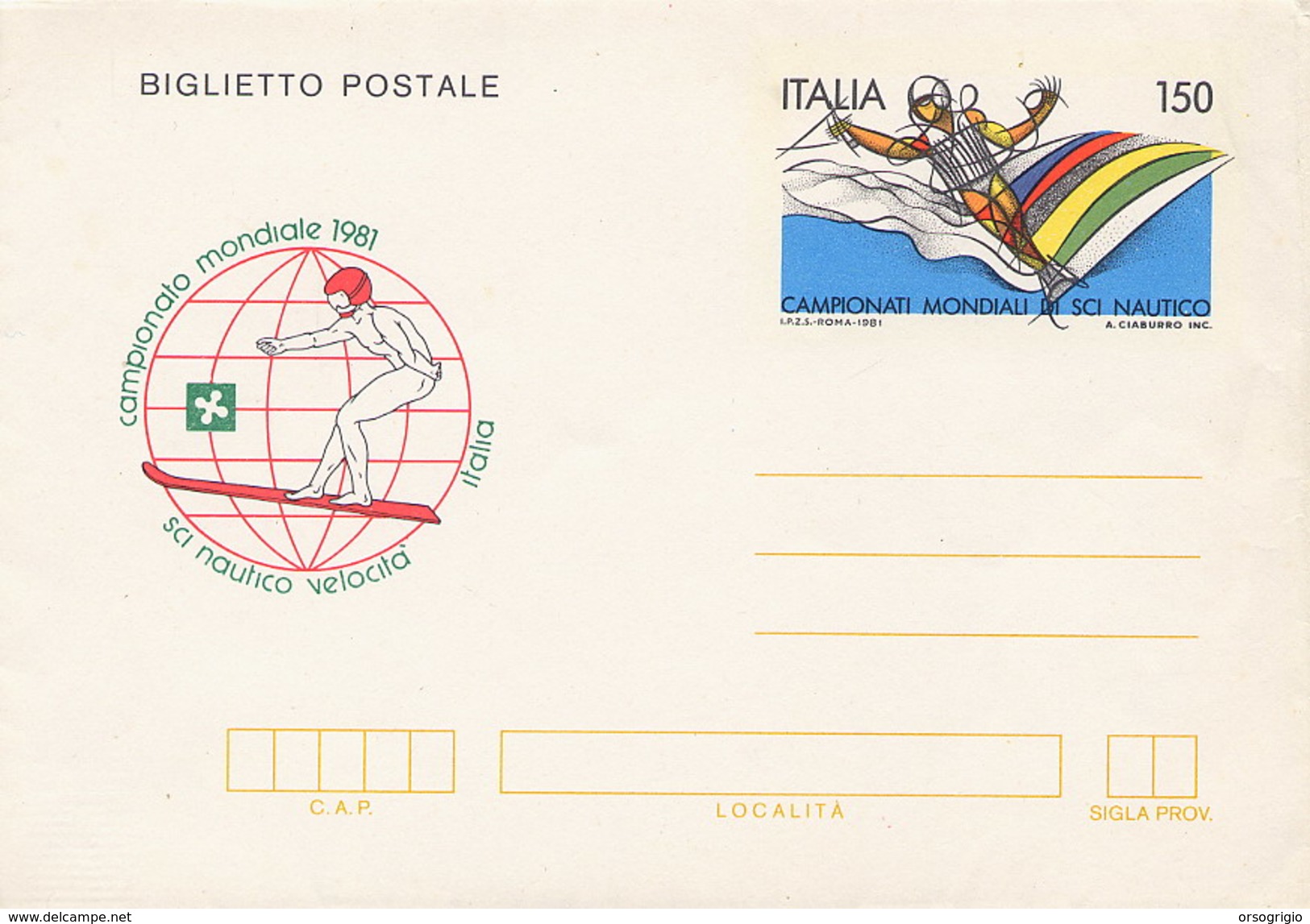 ITALIA - Intero Postale - SCI NAUTICO - CAMPIONATO MONDIALE 1981 VELOCITA' - Ski Náutico