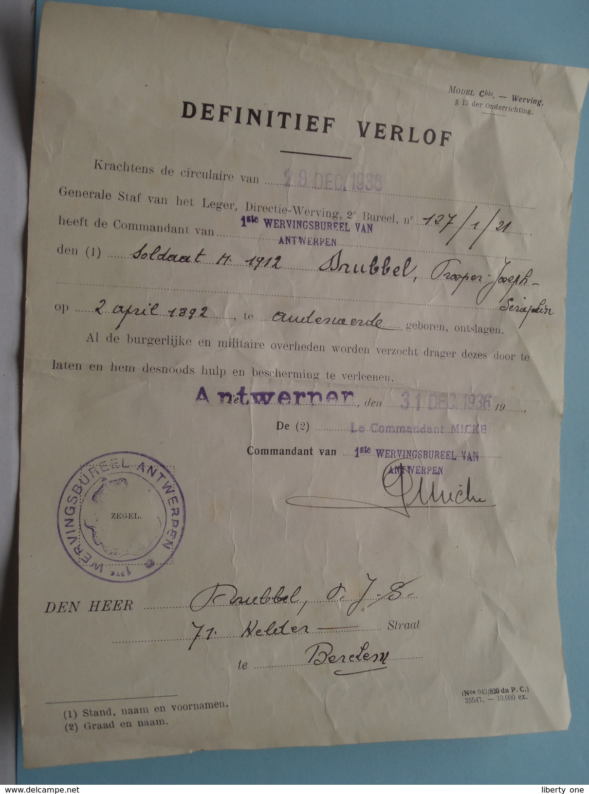 DEFINITIEF Verlof 1936 + Docu Toekenning Decoratie 1919/1923 DRUBBEL Prosper ( Details : Zie Foto's ) ! - Documents