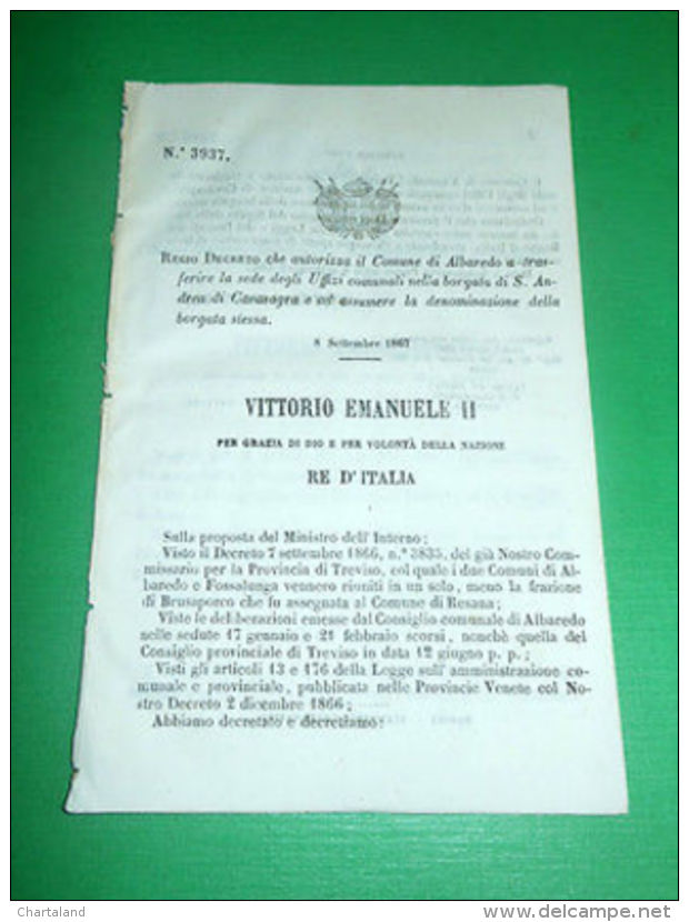 Regno D'Italia Regio Decreto Comune Albaredo Denominazione E Sede 1867 - Non Classés