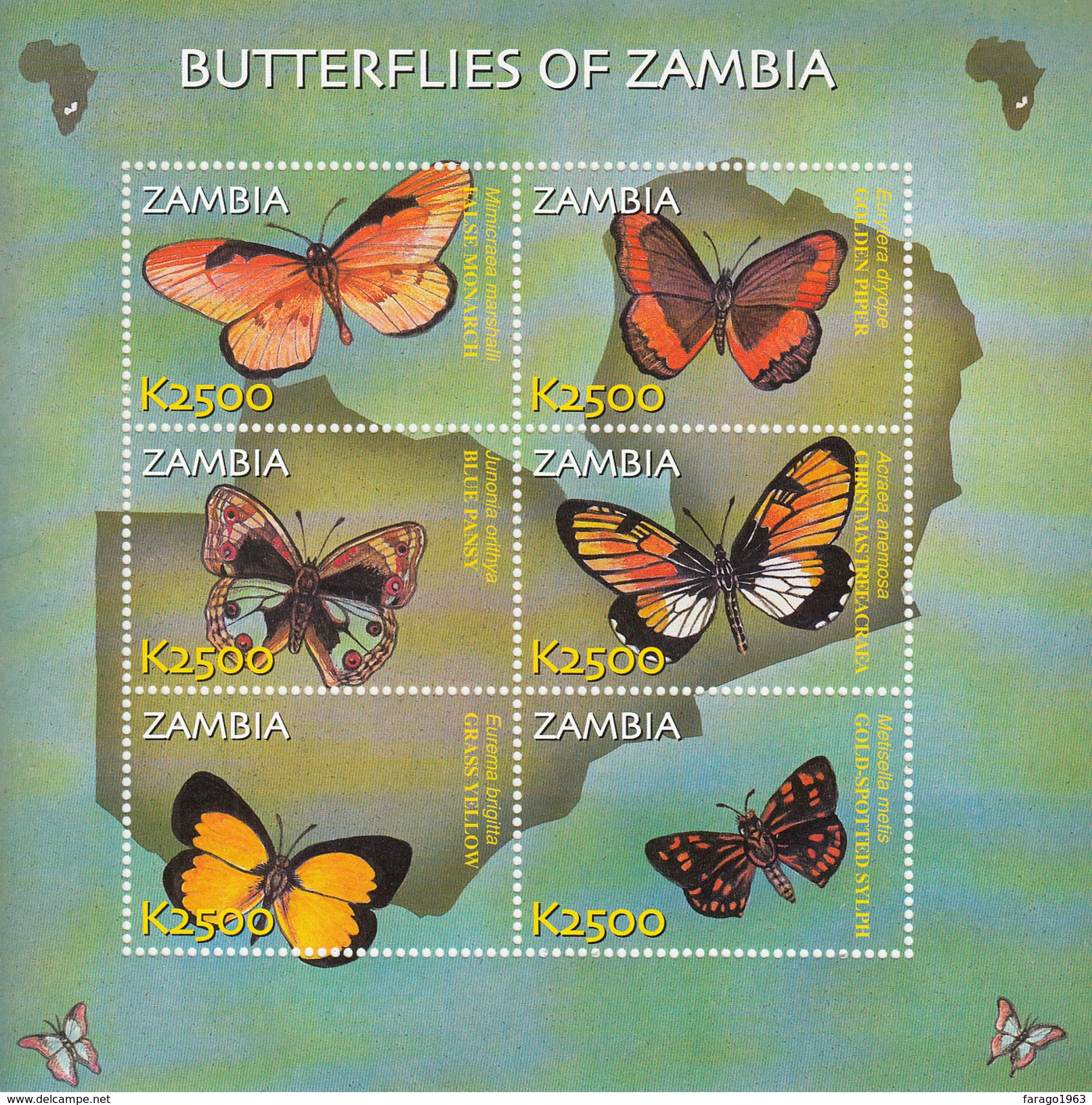 2002 Zambia Butterflies Miniature Sheet Of 6 And Souvenir Sheet MNH - Farfalle