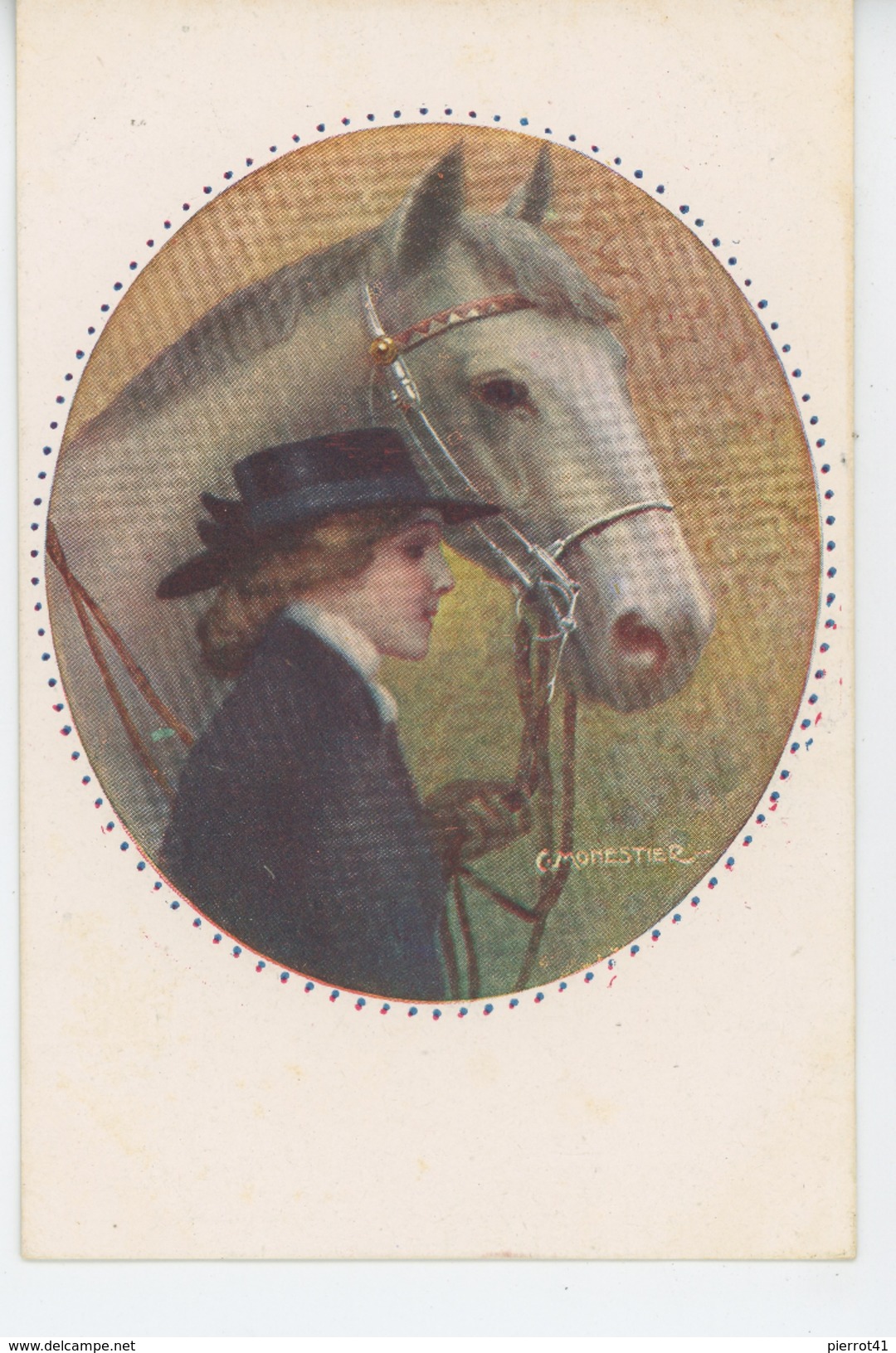 FEMMES - FRAU - LADY - HORSE - Jolie Carte Fantaisie Portrait Femme Et Cheval Signée MONESTIER - Monestier, C.