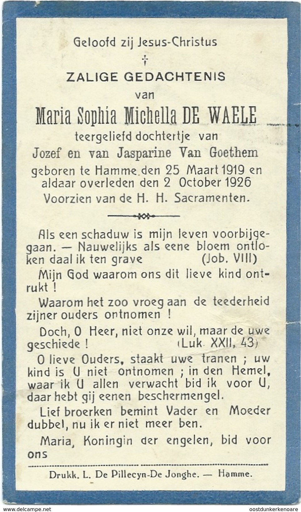 Doodsprentje: DE WAELE Maria Sophia Michella: ° Hamme, 1919 Aldaar + 1926. Dochter Van Jozef En Jasparine VAN GOETHEM - Religion & Esotericism