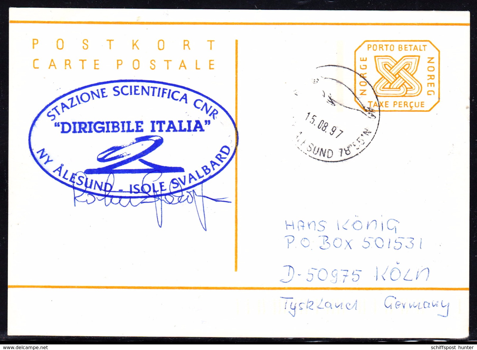 ARCTIC,ITALIA,Card, 2 Cachets:,Station "DIRIGIBILE ITALIA" + Signatures, Over Ny-Älesind 1997 !! 2o.3-17 - Esploratori E Celebrità Polari