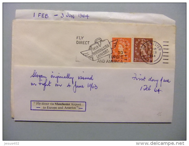 CARTA COVER U.K. FIRST DAY OF USE - FLY Direct VIA MANCHESTER AIRPORT To EUROPA And AMERICA -  1/2/64 - Cartas & Documentos