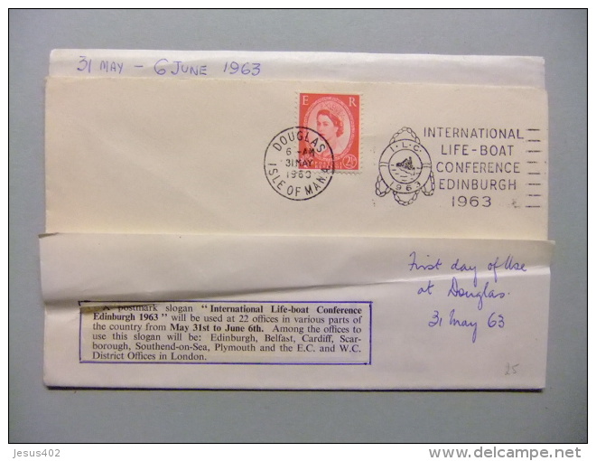 CARTA COVER U.K. FIRST DAY Of Use - INTERNATIONAL LIFE-BOAT CONFERENCE EDINBURGH 1963 - DOUGLAS 31/5/63 ISLE Of MAN - Cartas & Documentos