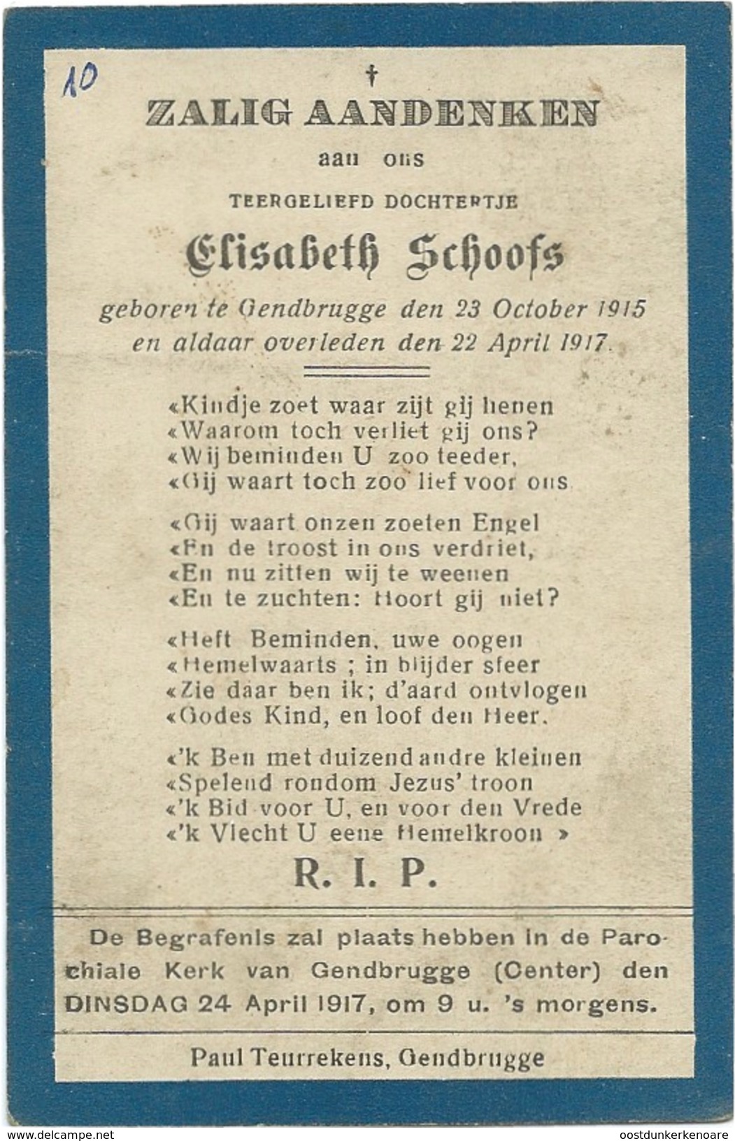 Doodsprentje: SCHOOFS Elisabeth: ° Gentbrugge, 1915 Aldaar + 1917 - Religión & Esoterismo