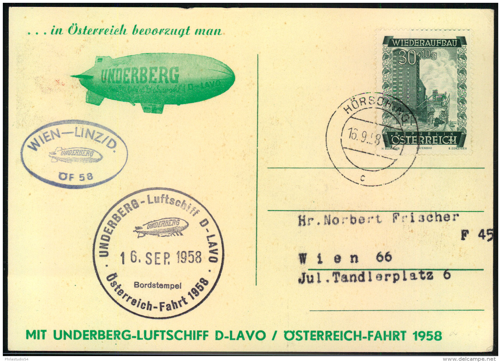 1958, UNDERBERG-Luftschiff Bordstempel Auf Werbekarte. - Zeppeline