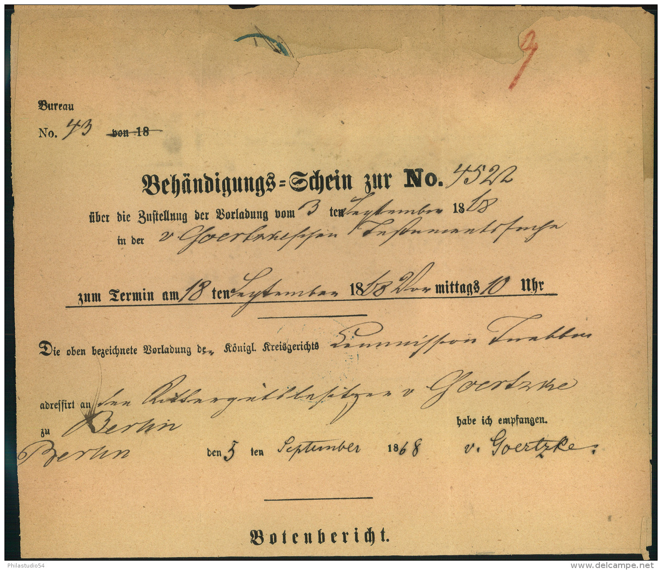 1868,Post-Behändigungsschein Des Königlichen Kreisgerichtes Mit Krone/Posthorn Stempel BERLIN K. Pr. POST-EXPED. 11. Ein - Máquinas Franqueo (EMA)