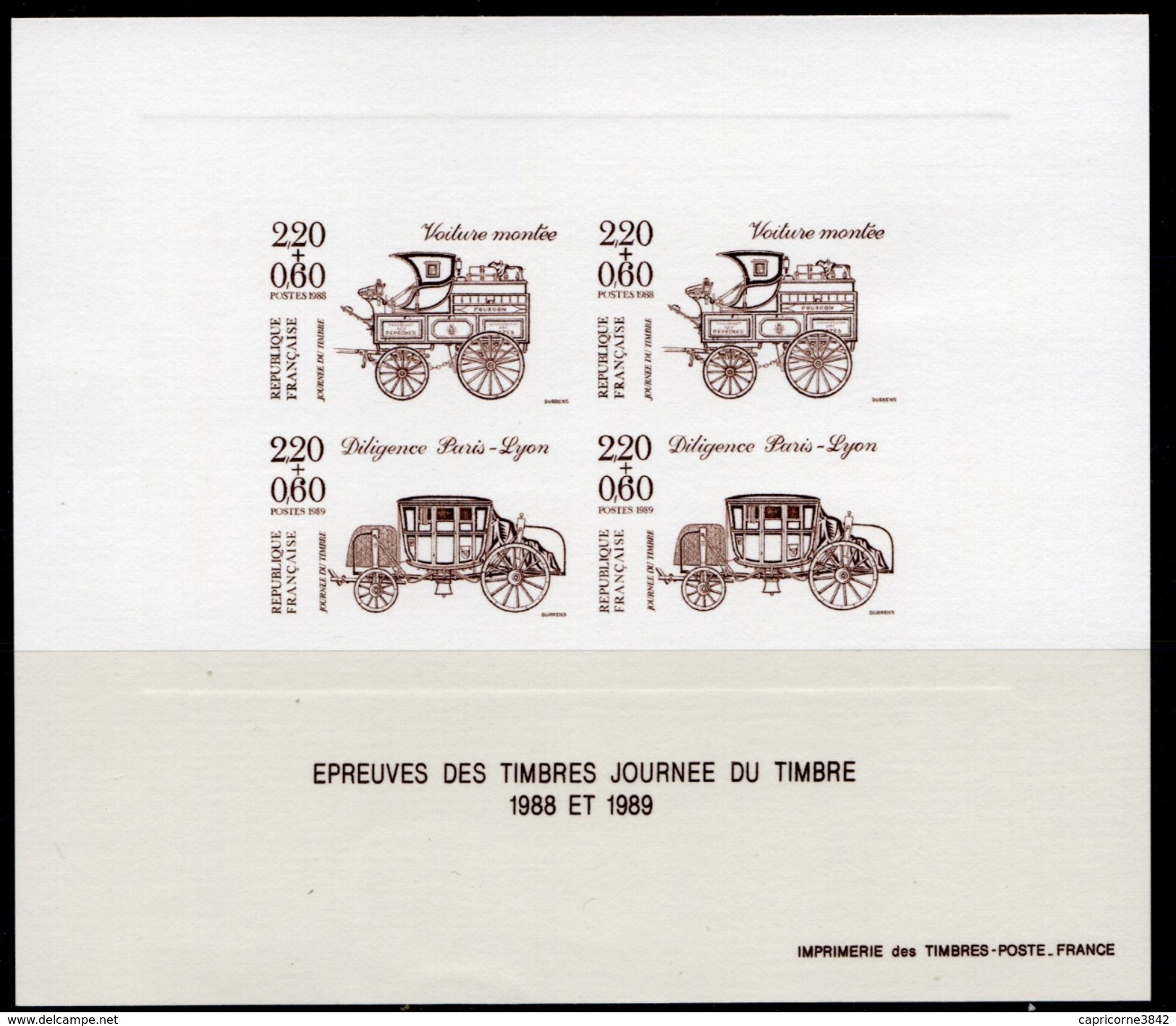 1988 - Epreuve Des Timbres "Journée Du Timbre 1988 Et 1989" (Diligence Et Voiture Montée) - Imprimé En Taille Douce - Pruebas De Lujo