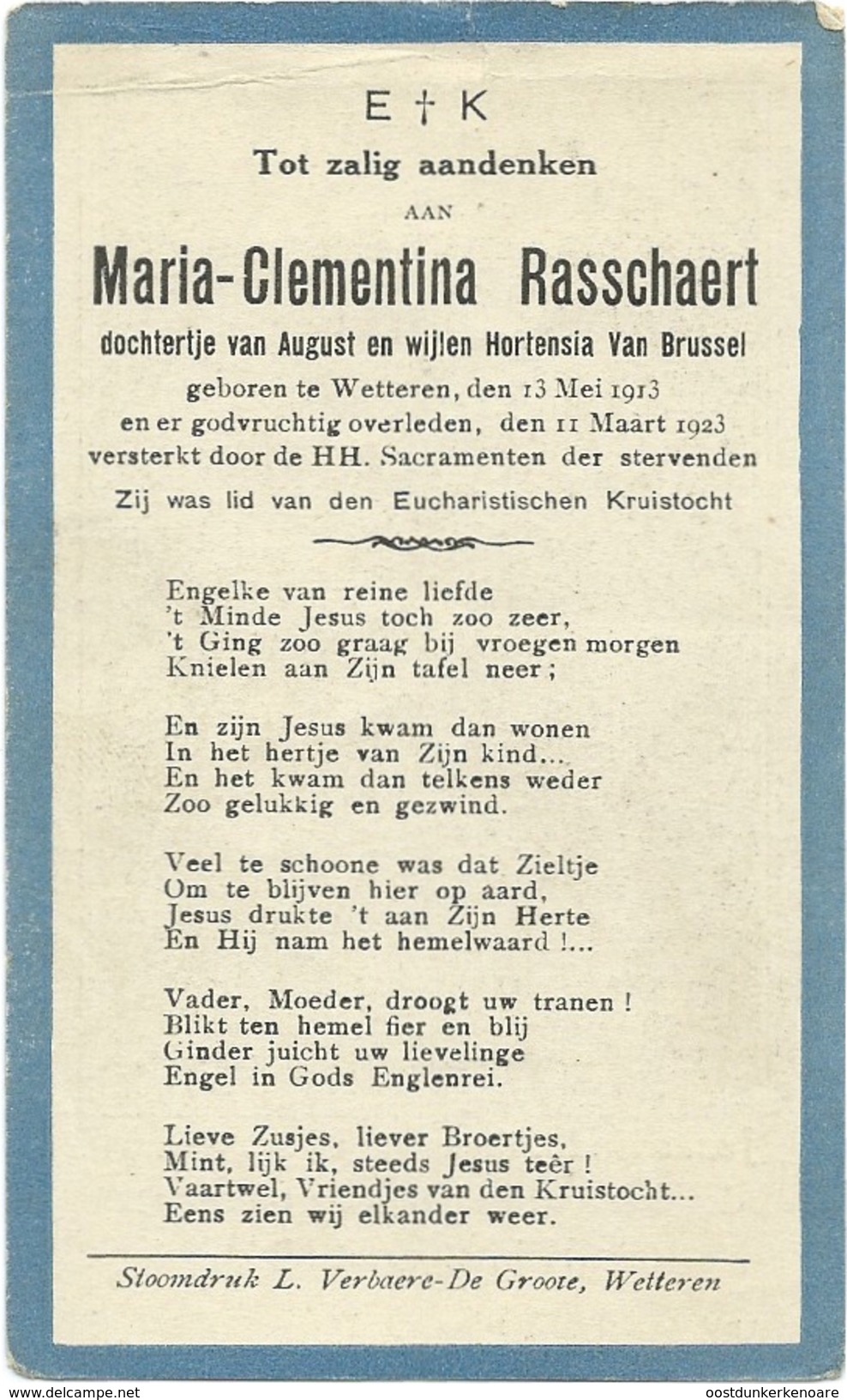 Doodsprentje: RASSCHAERT Maria-Clementina: ° Wetteren, 1913 Aldaar 1923. Dochter Van August En Hortensia VAN BRUSSEL - Religion & Esotericism