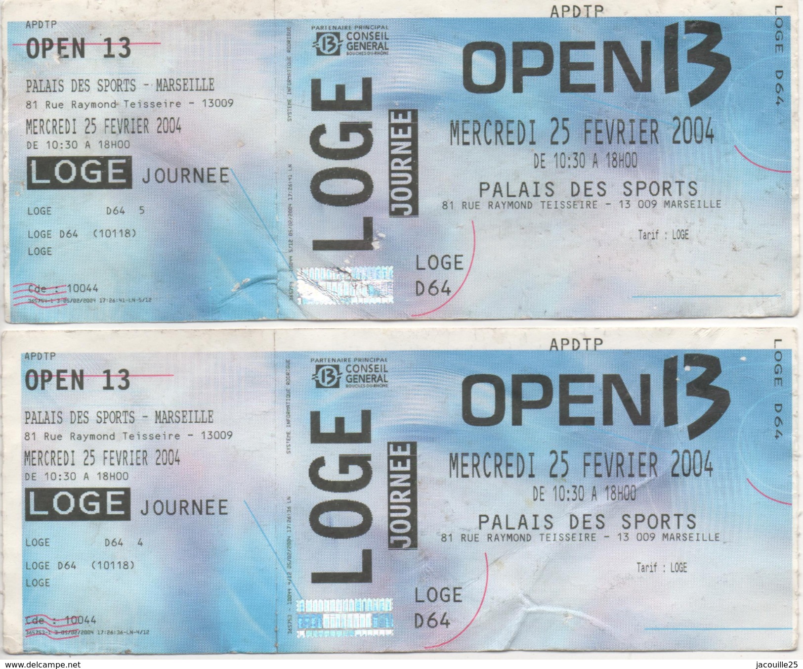 TICKET BILLET TENNIS OPEN 13  MARSEILLE  LOT DE 2 BILLETS 2004 - Autres & Non Classés