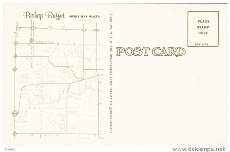 Des Moines Iowa, Bishop Buffet Restaurant In Merle Hay Plaza, Map On Back, C1960s Vintage Postcard - Des Moines