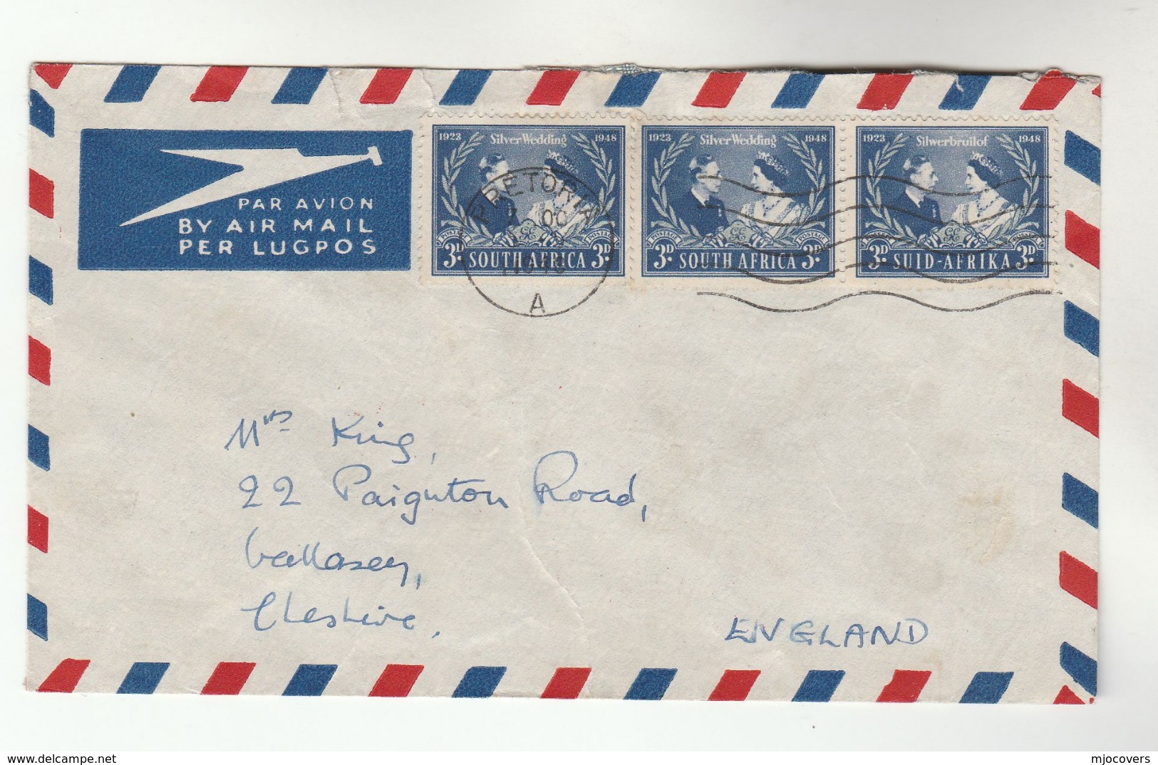 Air Mail SOUTH AFRICA Cover 3x 1948 ROYAL WEDDING Stamps To GB Royalty - Covers & Documents