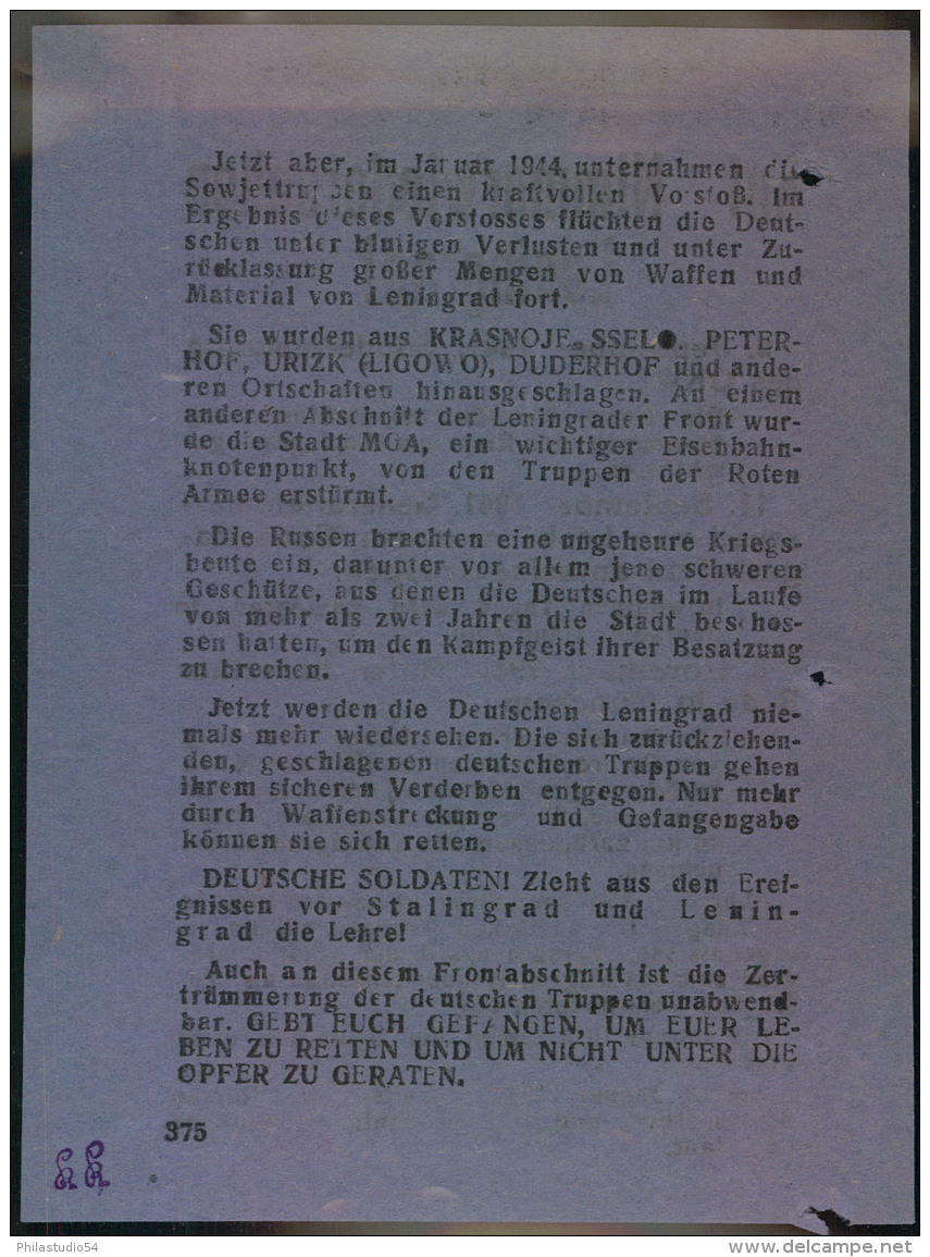 1941, Flugblatt Verteilt Von Der Deutschen Wehrmacht ""Auf Nimmerwiedersehen Leningrad!"" - Unclassified