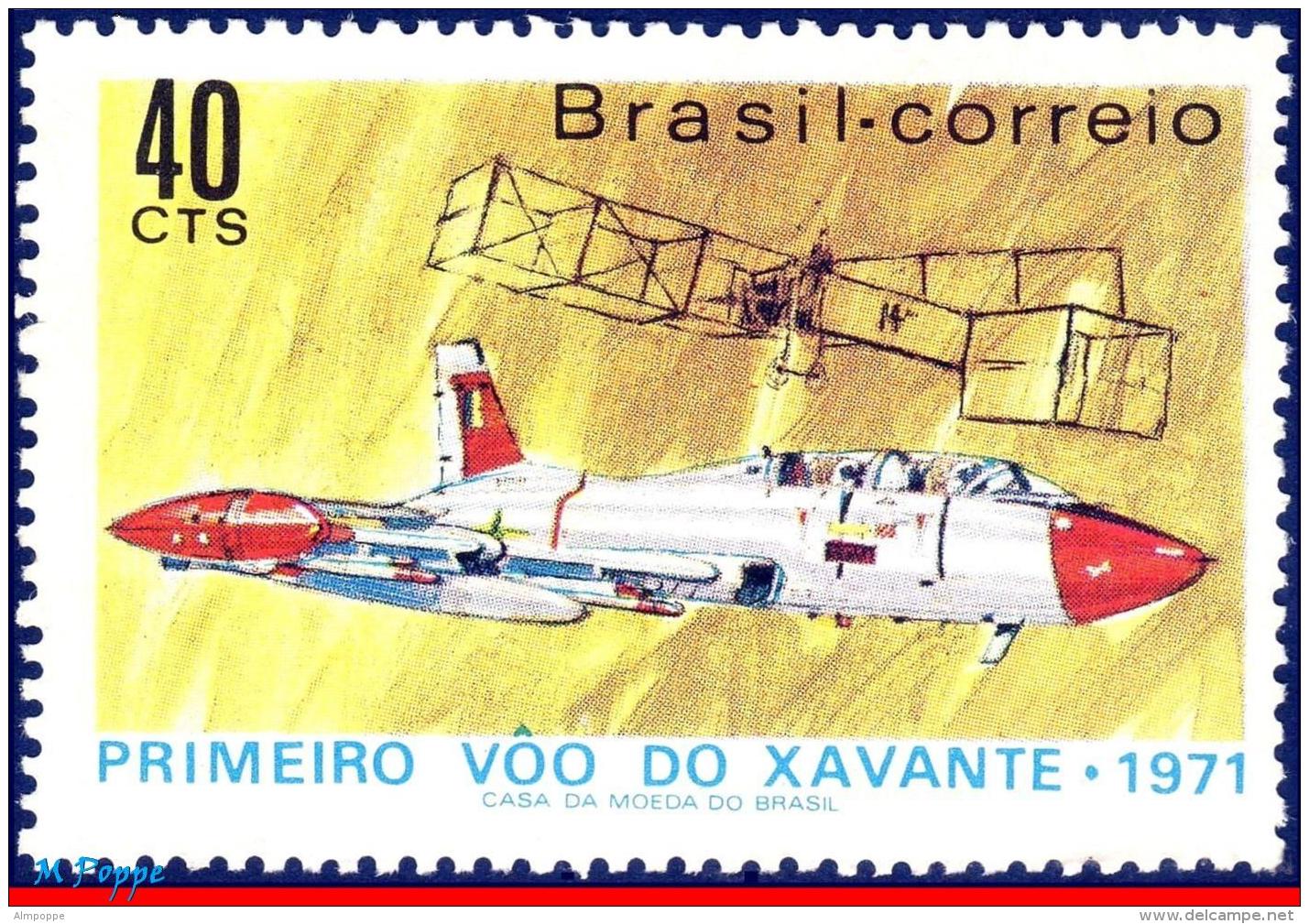 Ref. BR-1195 BRAZIL 1971 PLANES &amp; AVIATION, XAVANTE,1ST FLIGHT, 14, BIS,SANTOS DUMONT'S PLANE, MI# 1289,MNH 1V Sc# 1 - Unused Stamps