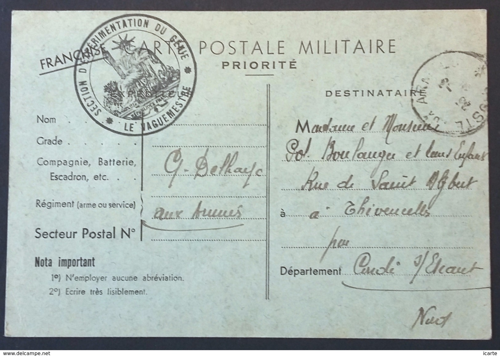 Carte De Franchise Militaire Cachet SECTION D'EXPERIMENTATION DU GENIE Mars 1940 Vers Thivencelles Nord - Guerre De 1939-45