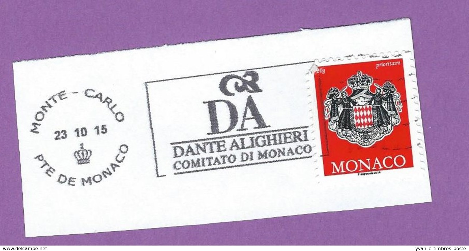 MONACO TIMBRE OBLITERE SUR FRAGMENT FLAMME DANTE ALIGHIERI COMITATO DI MONACO - Maschinenstempel (EMA)