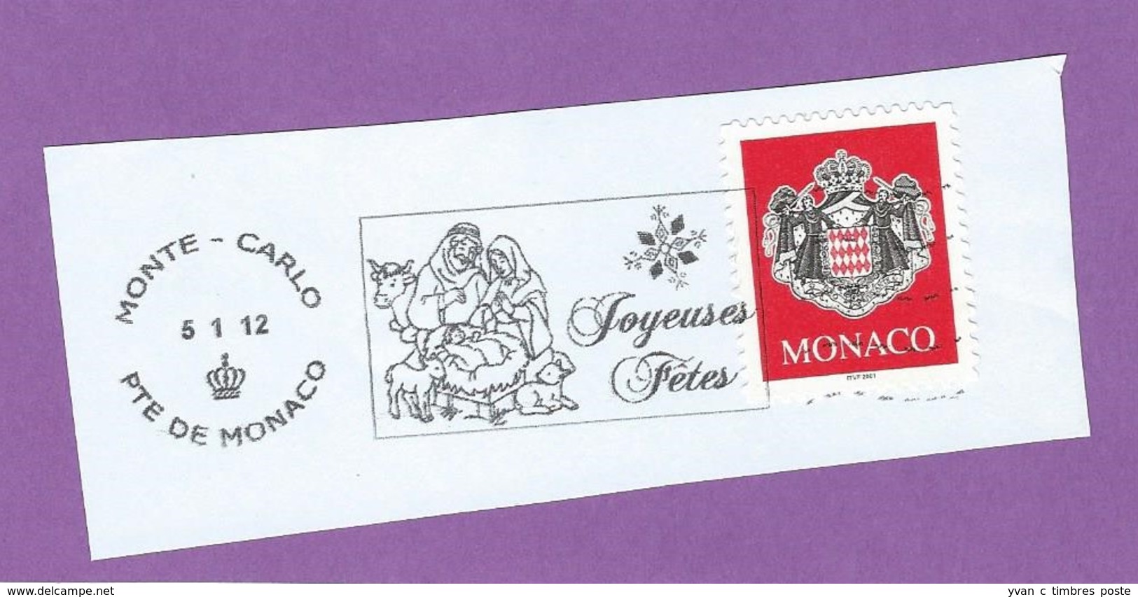 MONACO TIMBRE OBLITERE SUR FRAGMENT FLAMME JOYEUSES FETES - Maschinenstempel (EMA)