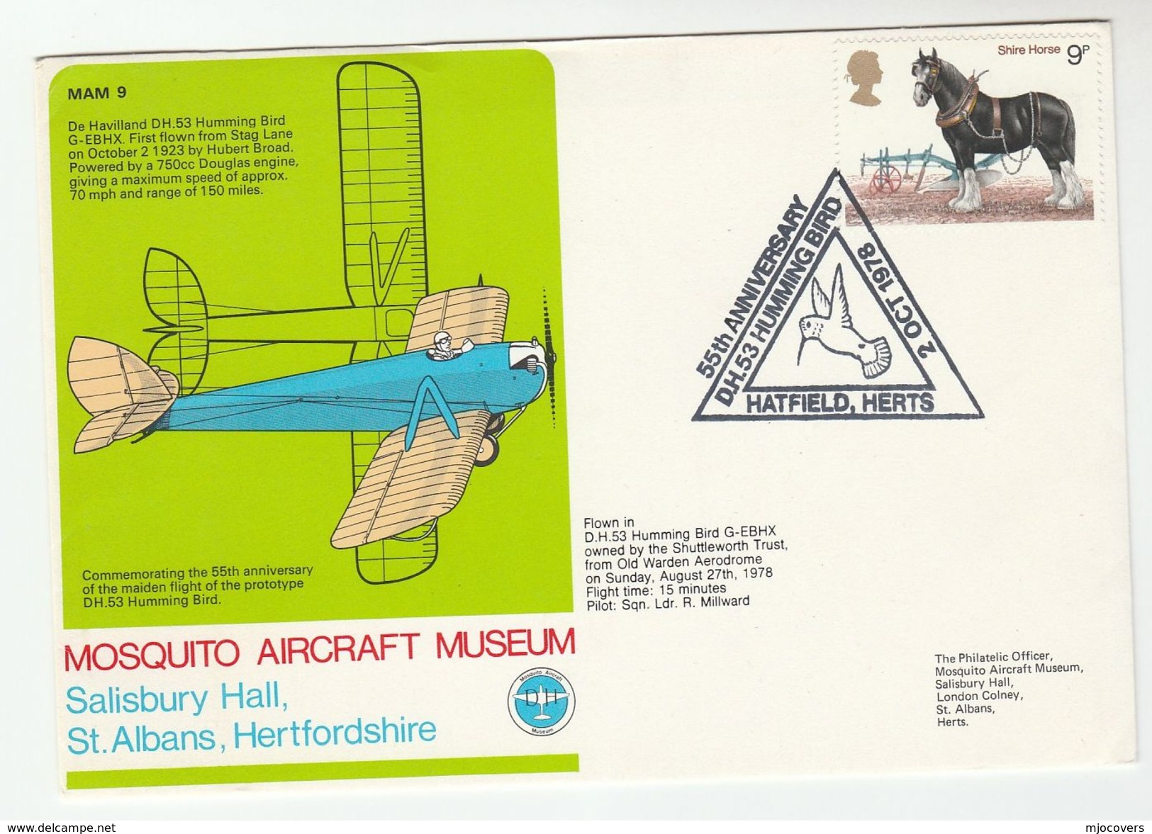 1978 DH HUMMING BIRD FLIGHT COVER Old Warden AERODROMM, Hatfield, Gb Aviation Stamps Birds - Airplanes