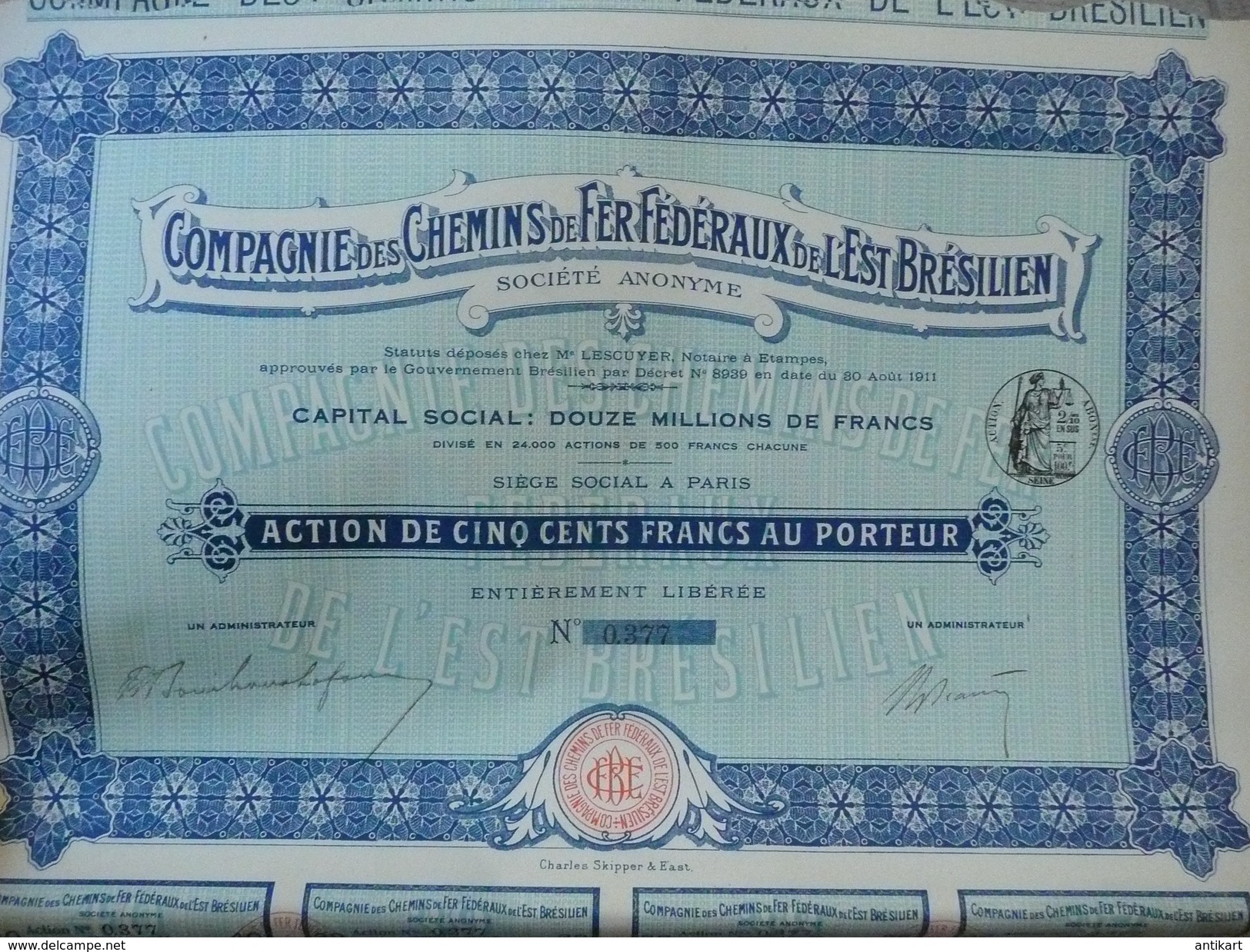 Compagnie Des Chemins De Fer De L'Est Brésilien - Bouilloux-Lafont - 500 Francs - Chemin De Fer & Tramway