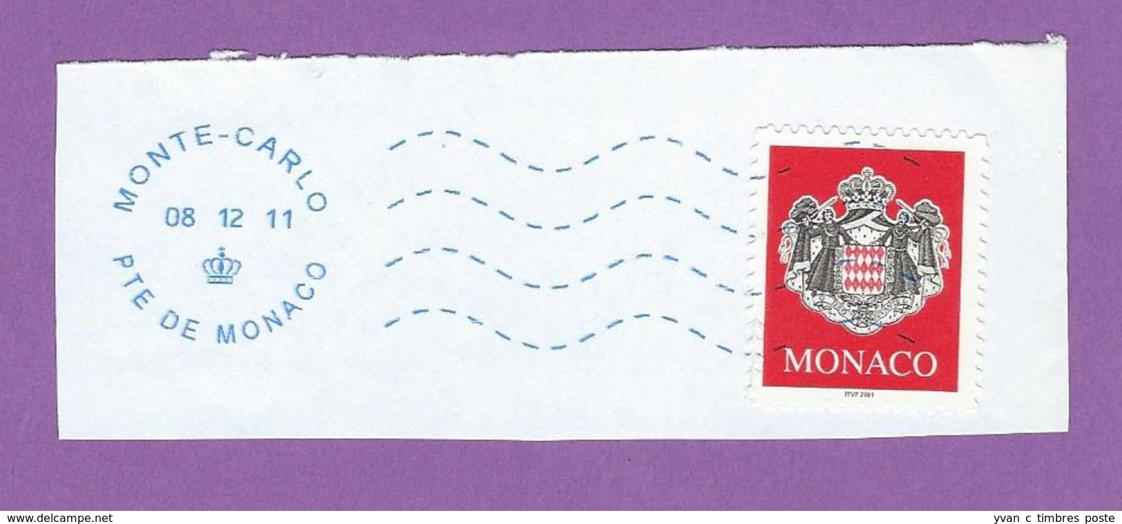 MONACO TIMBRE OBLITERE SUR FRAGMENT FLAMME VAGUE BLEUE - Maschinenstempel (EMA)