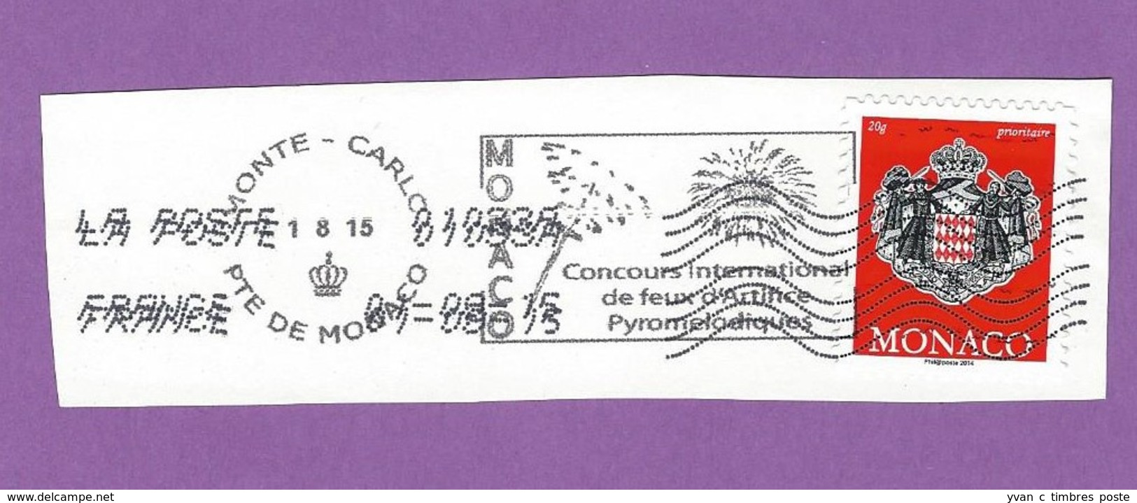 MONACO TIMBRE OBLITERE SUR FRAGMENT FLAMME CONCOURS INTERNATIONAL DE FEUX D ARTIFICES PYROMELODIQUES - Maschinenstempel (EMA)