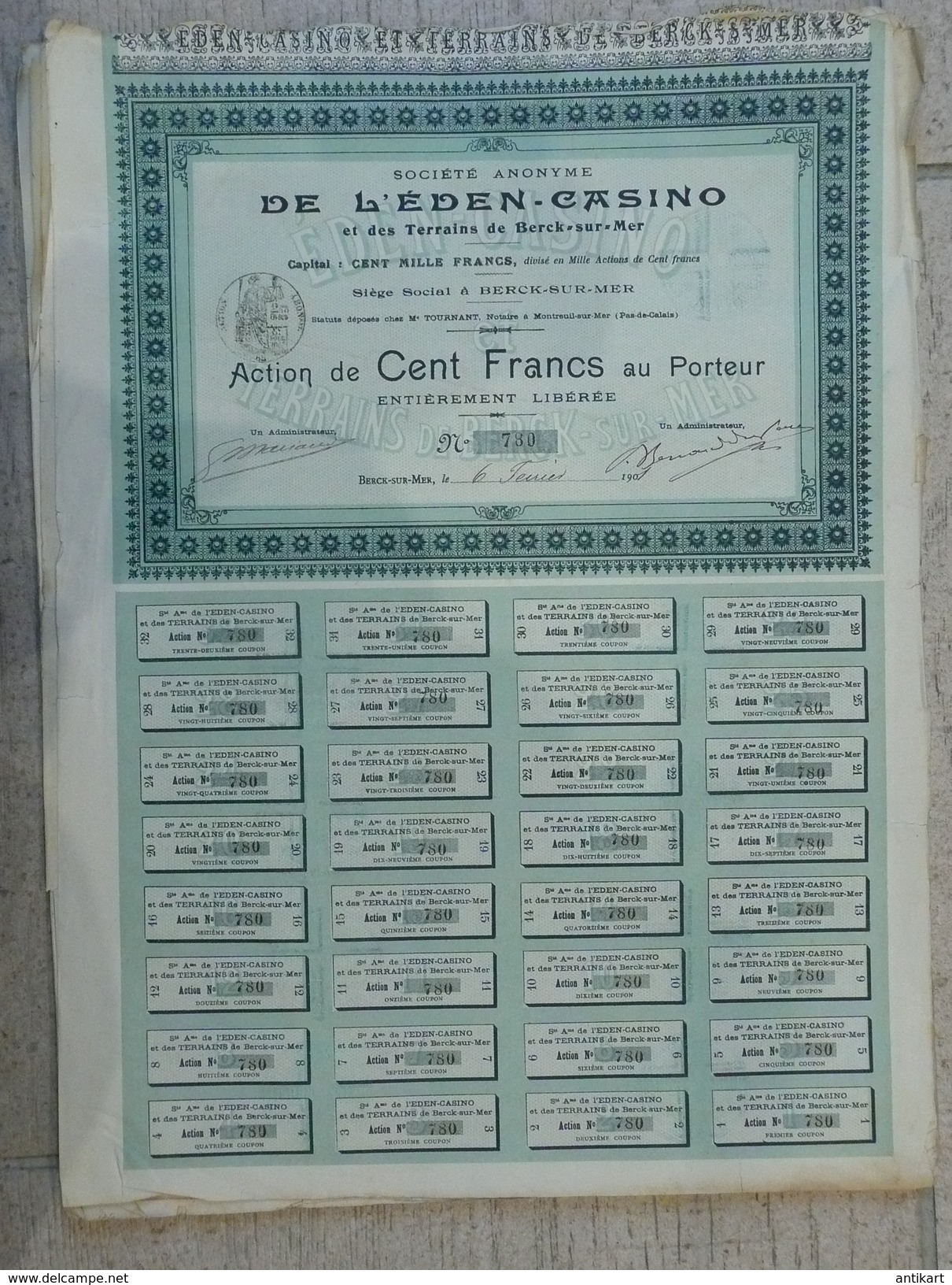 Société Anonyme De L'éden Casino Et Des Terrains De Berck-sur-mer Action 100 F 1901 - Casino