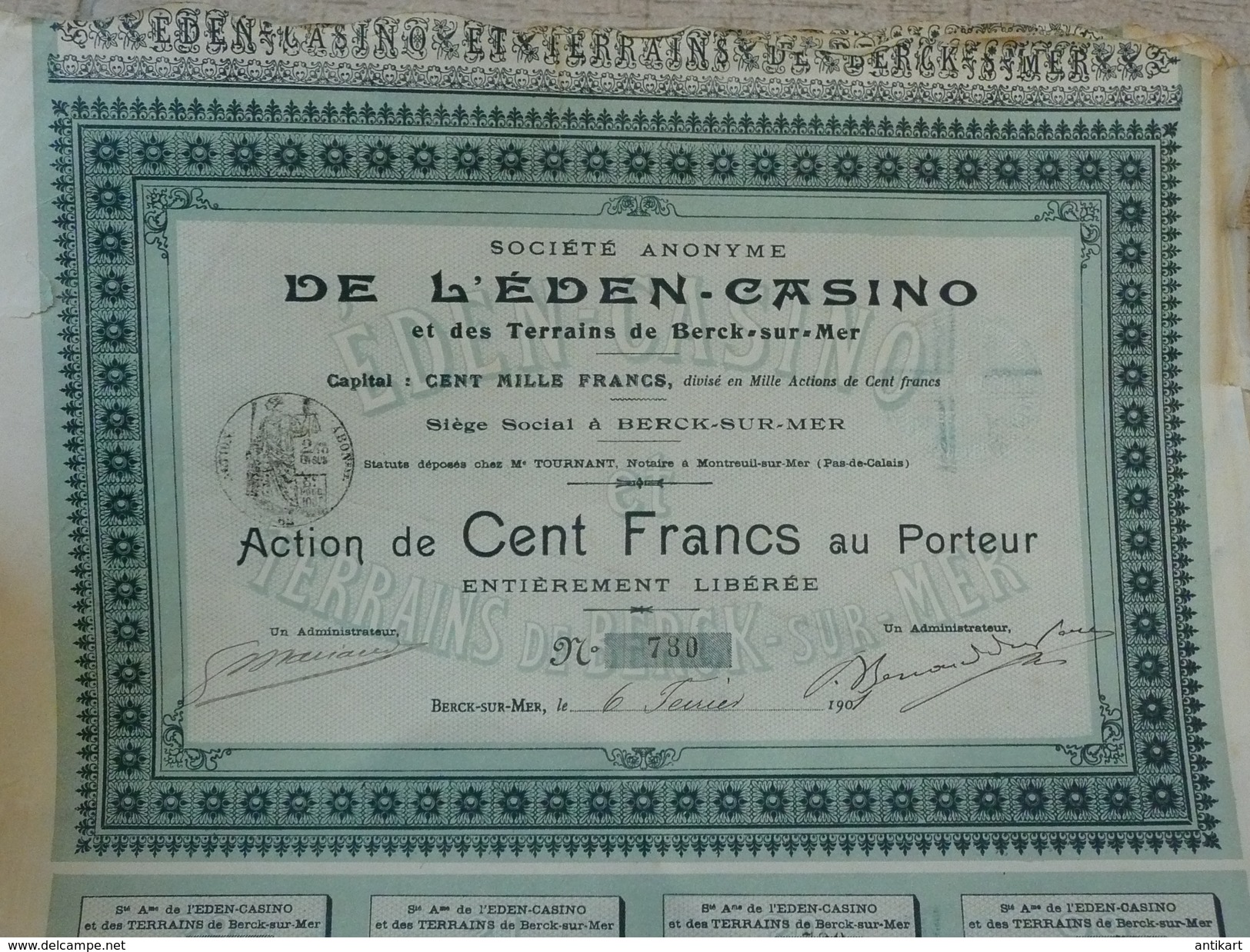 Société Anonyme De L'éden Casino Et Des Terrains De Berck-sur-mer Action 100 F 1901 - Casino'