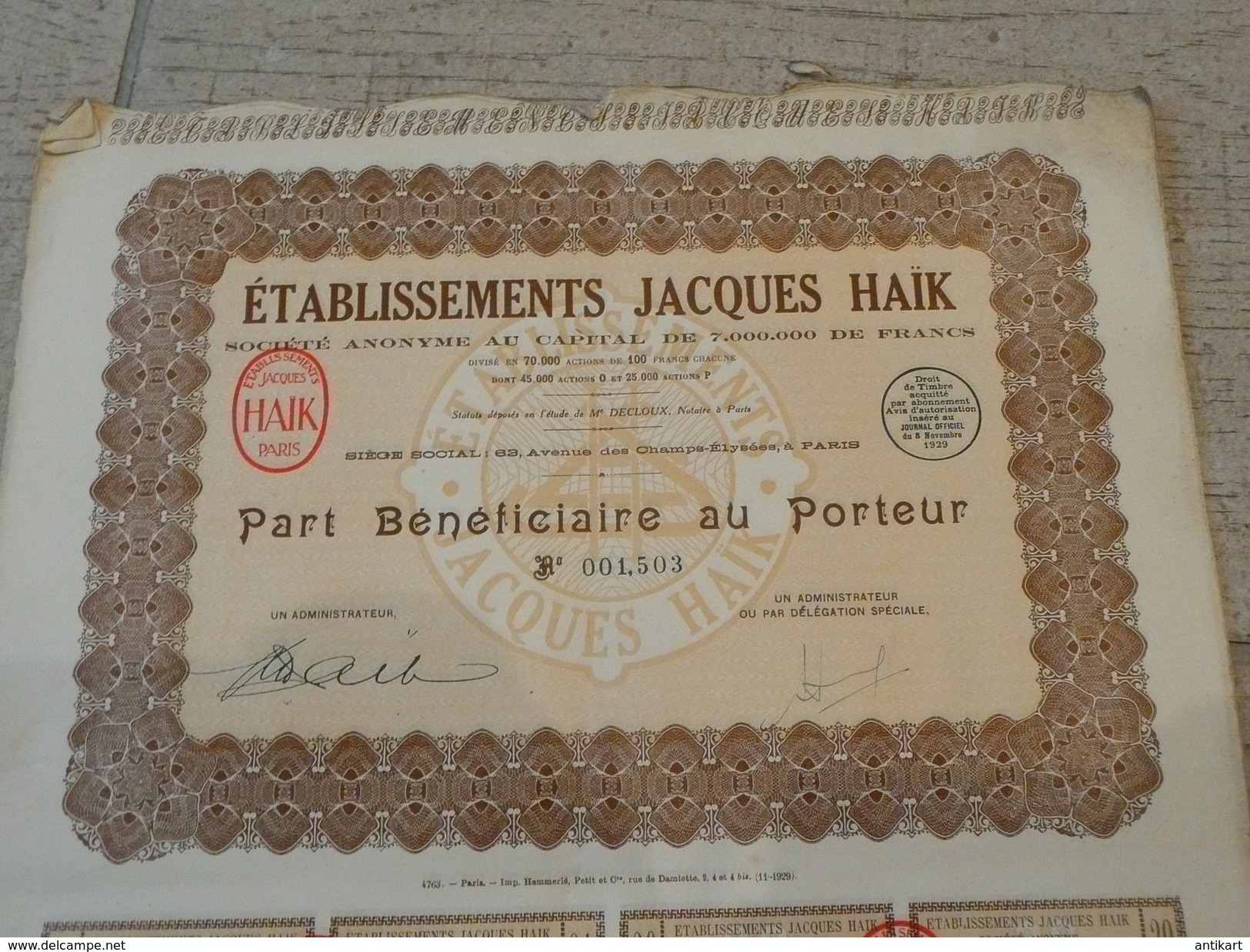 "établissements Jacques Haïk" Part Bénéficiaire Au Porteur 1929 - Film En Theater