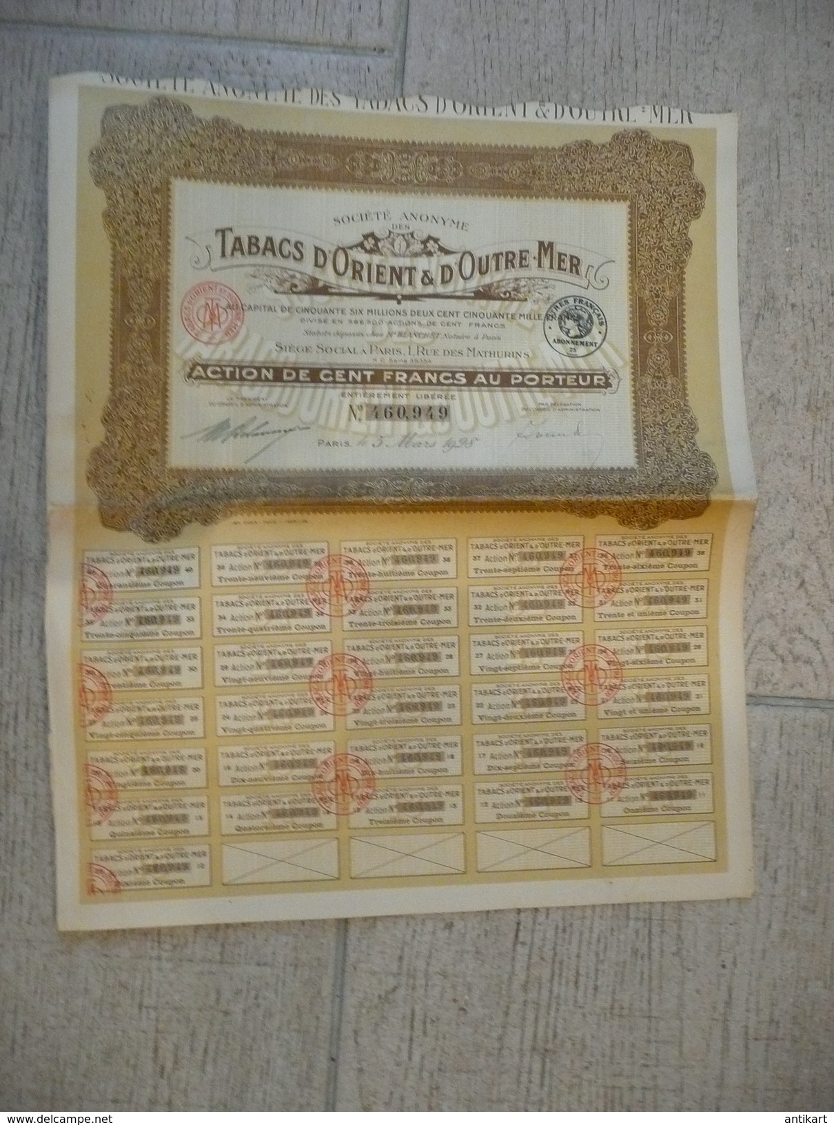 Tabacs D'Orient Et D'Outre-Mer - Action De 100 Francs Au Porteur 1928 - Agriculture