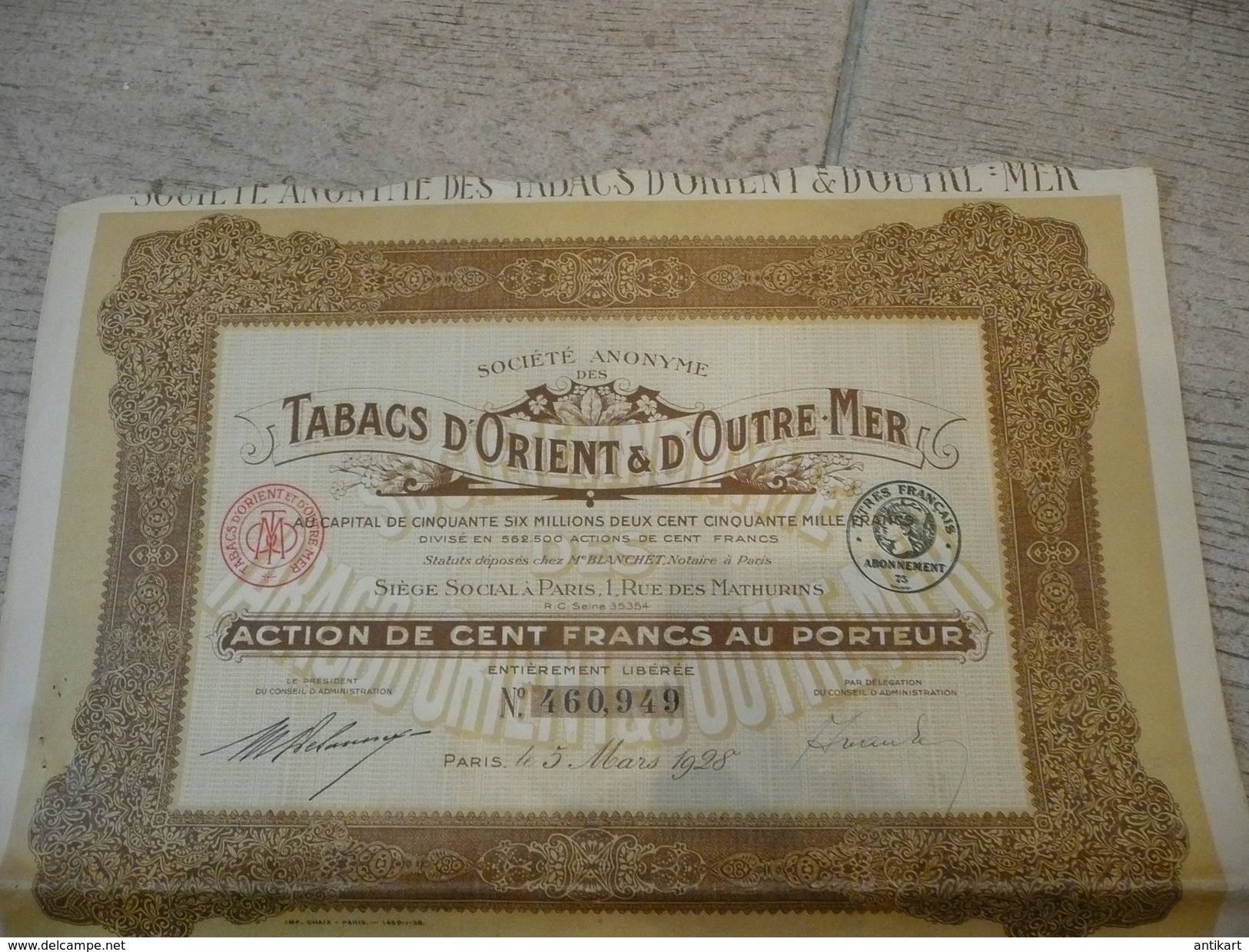 Tabacs D'Orient Et D'Outre-Mer - Action De 100 Francs Au Porteur 1928 - Agriculture
