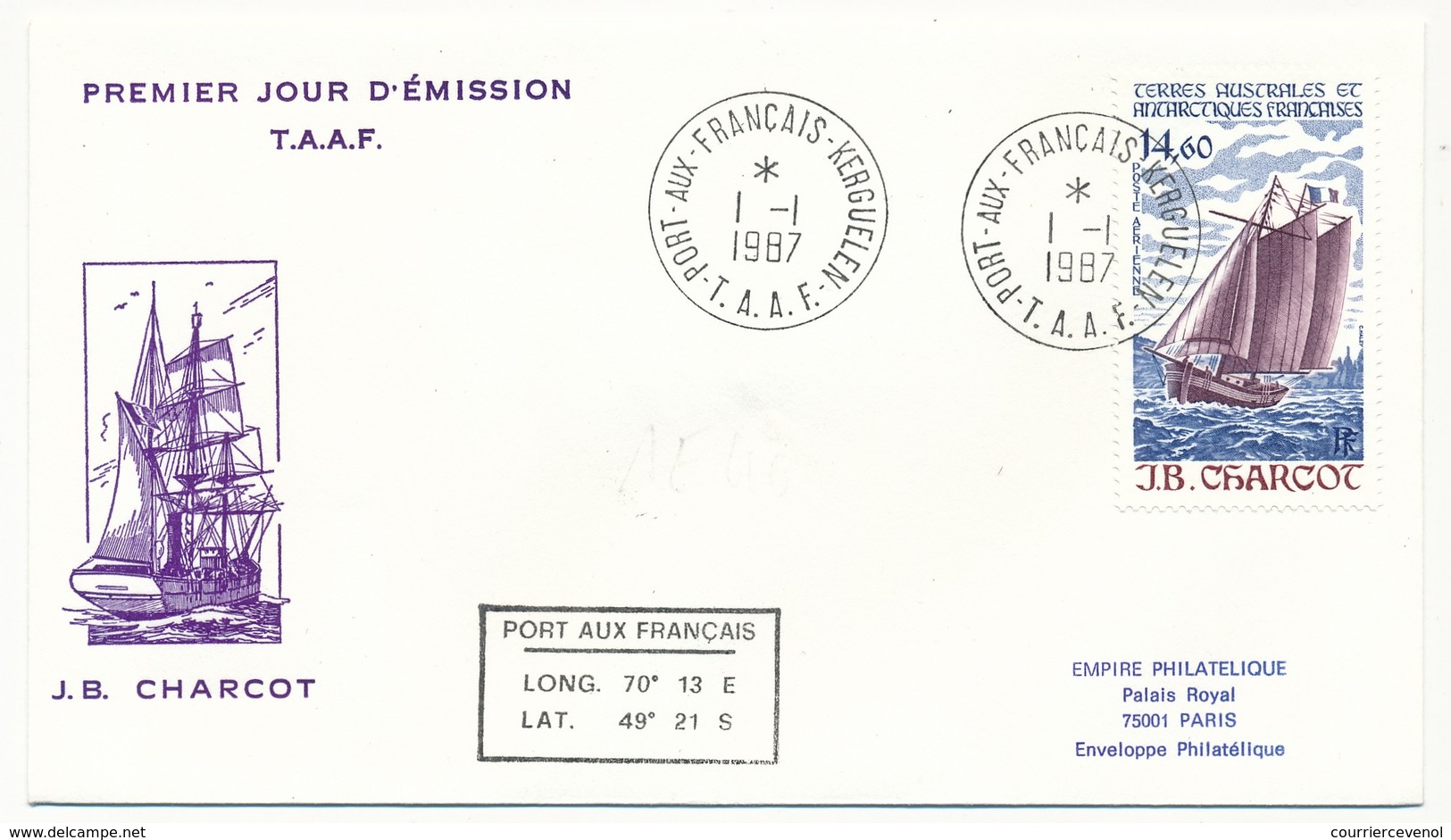 TAAF - Enveloppe FDC - 14,60 Bâtiment J.B. Charcot - Port Aux Français Kerguelen - 1/01/1987 - FDC