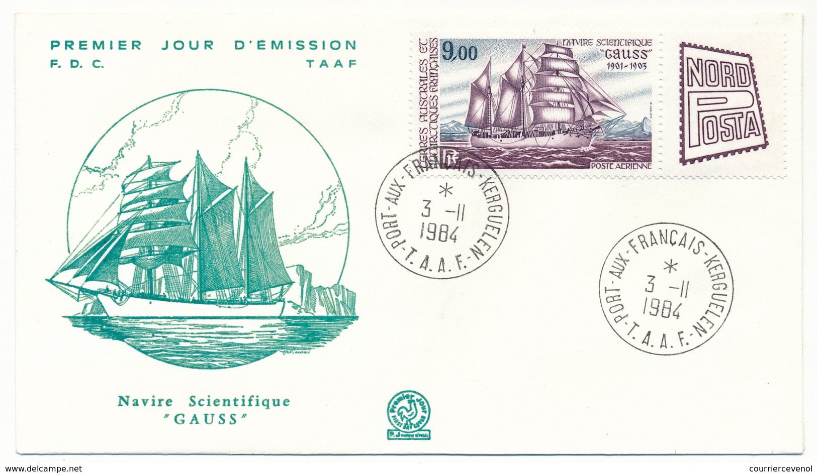 TAAF - Enveloppe FDC - 9,00 Navire Scientifique Gauss - Port Aux Français Kerguelen - 3/11/1984 - FDC