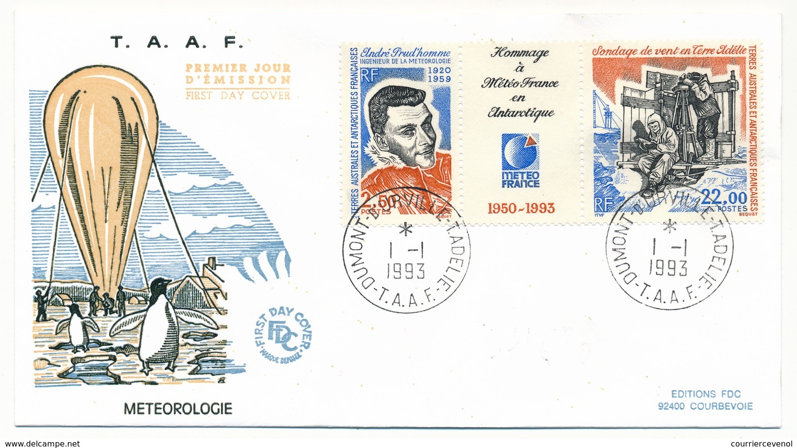 TAAF - Enveloppe FDC - 2,50 + 22,00 METEO FRANCE  - Dumont Durville Terre Adélie - 1/01/1993 - FDC