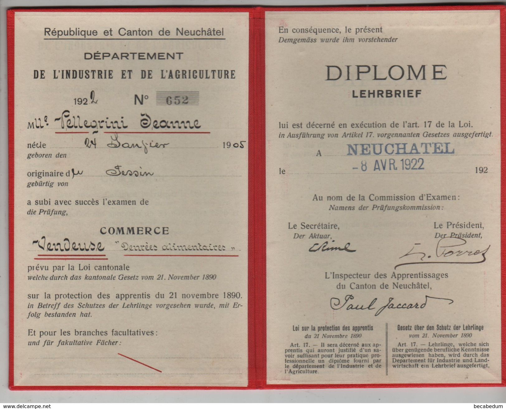 Diplôme Apprenti De Commerce Lehrbrief  Neuchâtel Pellegrini 1922 Vendeuse Denrées Alimentaires - Diploma's En Schoolrapporten