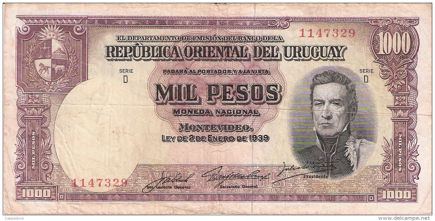 URUGUAY   1000 Pesos   L. 1939   P. 41c - Uruguay