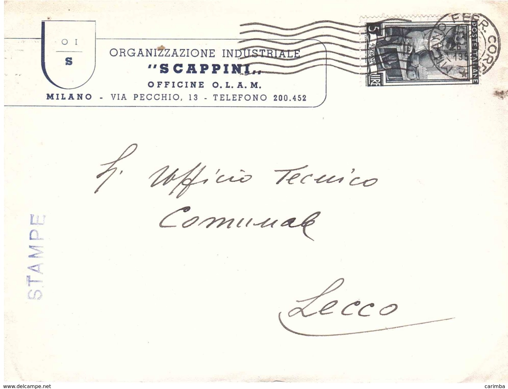 £5 STAMPE CSAPPINI OFFICINE O.L.A.M. MILANO - 1946-60: Storia Postale