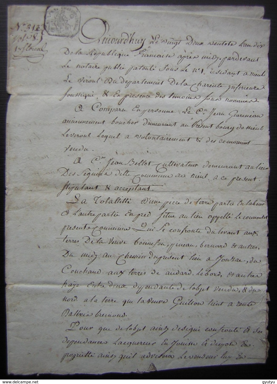 Ventose An 10 Nieul Le Virouil (Charente Maritime), Acquisition Jean Bellot De Jean Guerinaud - Manuscripts