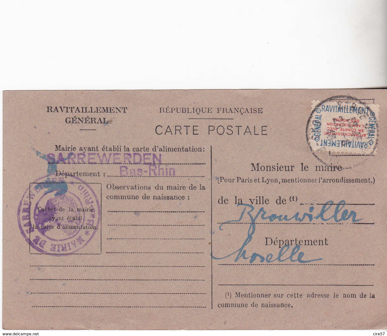 CARTE DE RAVITAILLEMENT DE SARREWERDEN 1946 - Autres & Non Classés