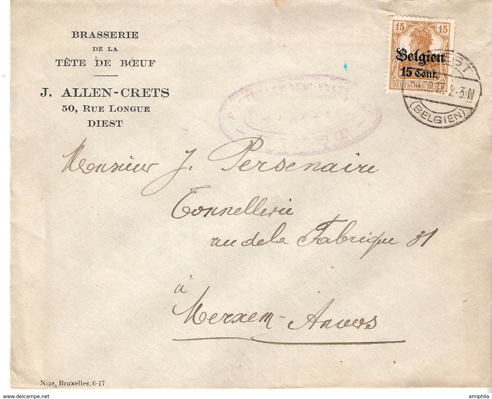TP.Occ. 15 Cap. DIEST 1917 S/Lettre "BRASSERIE TÊTE DE BOEUF J.ALLEN-CRETS-DIEST" V.MERXEM. TB - OC1/25 Generalgouvernement 