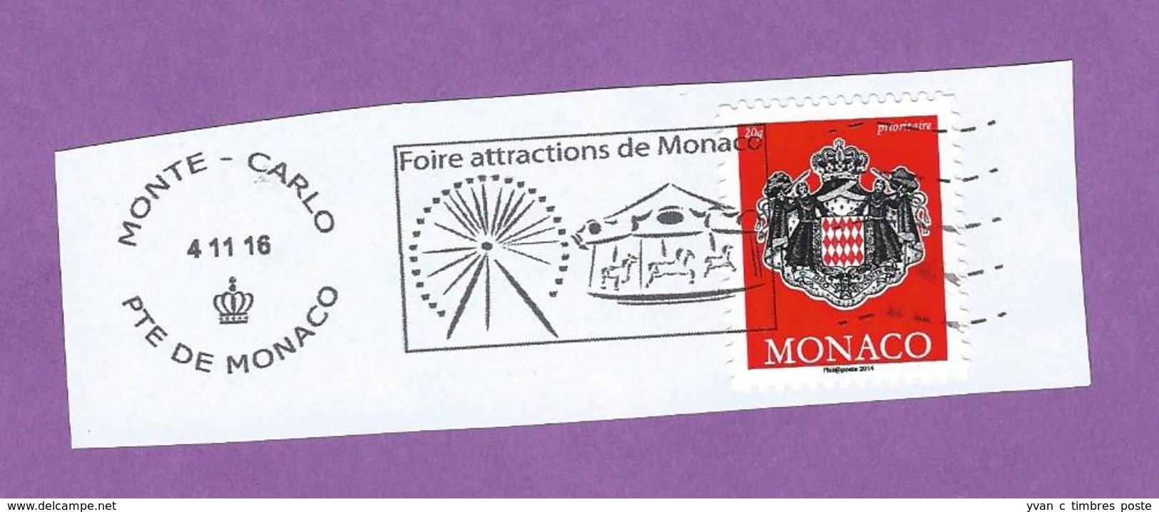 MONACO TIMBRE OBLITERE SUR FRAGMENT FLAMME FOIRE ATTRACTIONS DE MONACO MANEGE ET GRANDE ROUE - Maschinenstempel (EMA)