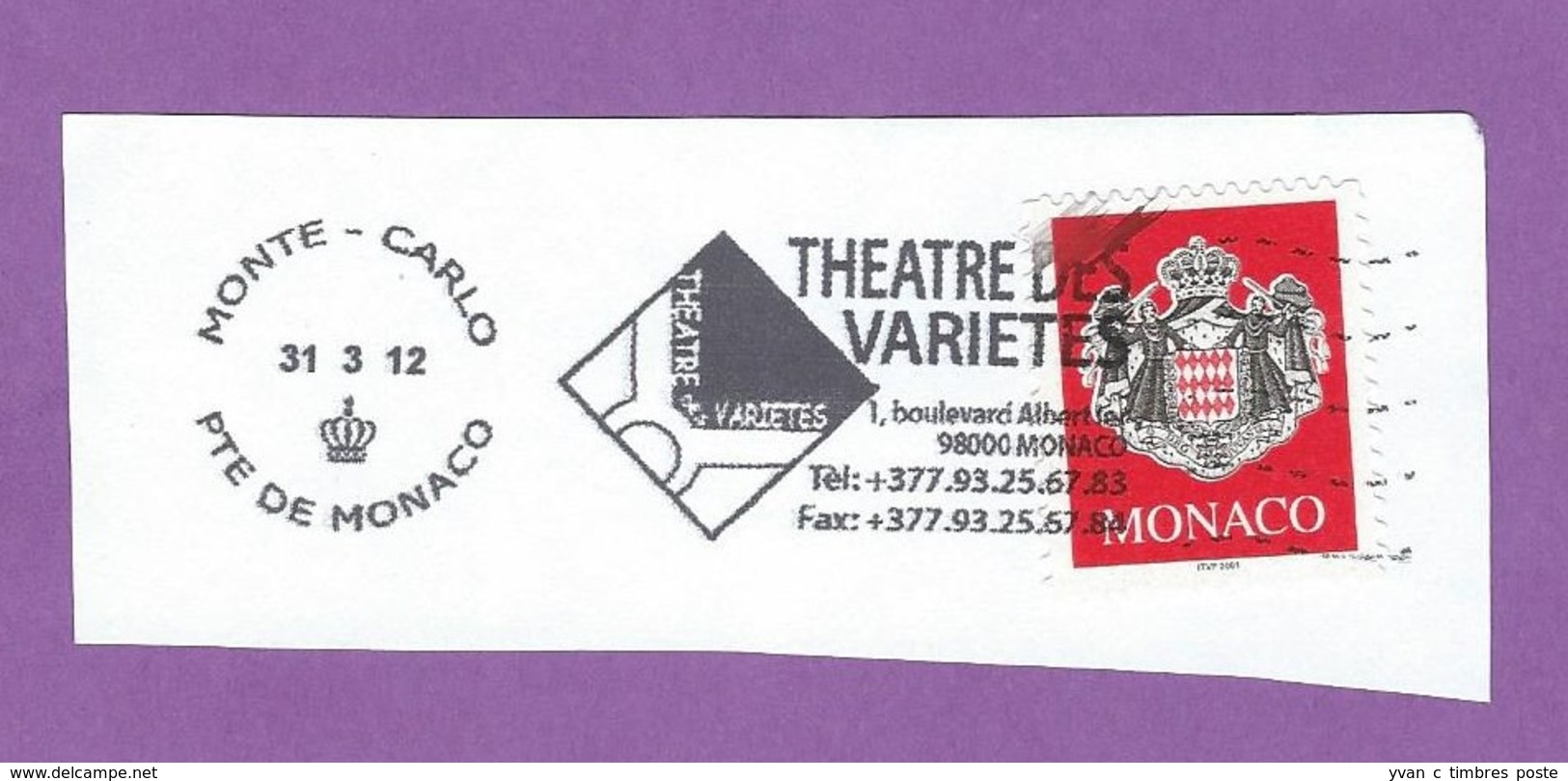 MONACO TIMBRE OBLITERE SUR FRAGMENT FLAMME THEATRE DES VARIETES - Maschinenstempel (EMA)