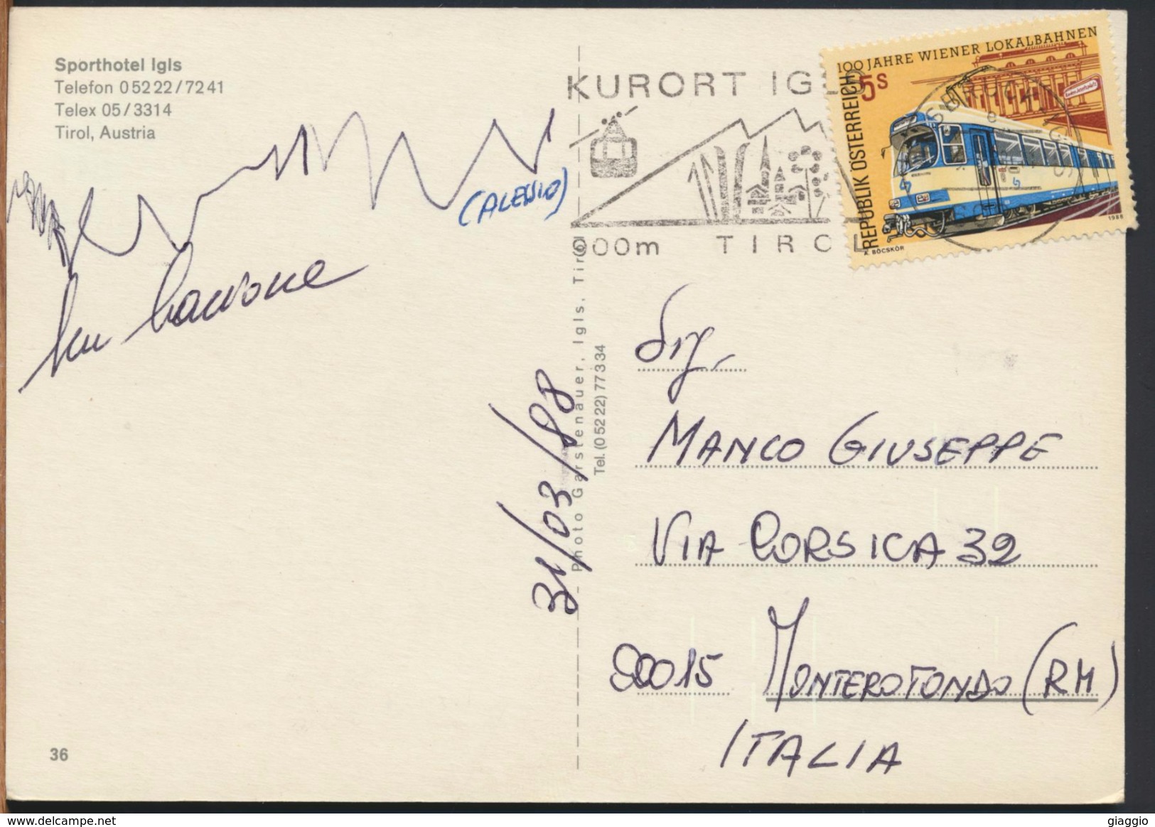 °°° 3108 - AUSTRIA - SPORTHOTEL IGLS - 1988 With Stamps °°° - Igls