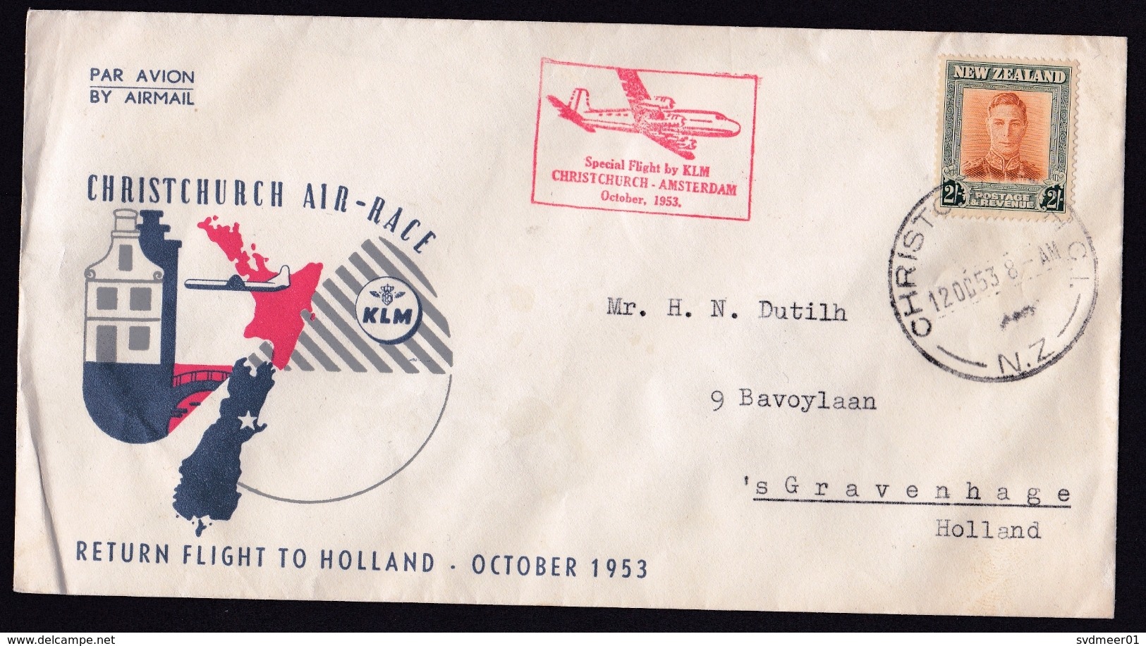 New Zealand: Special Flight Cover To Netherlands, 1953, 1 Stamp, KLM Air Race Christchurch-Amsterdam (damaged, See Scan) - Covers & Documents