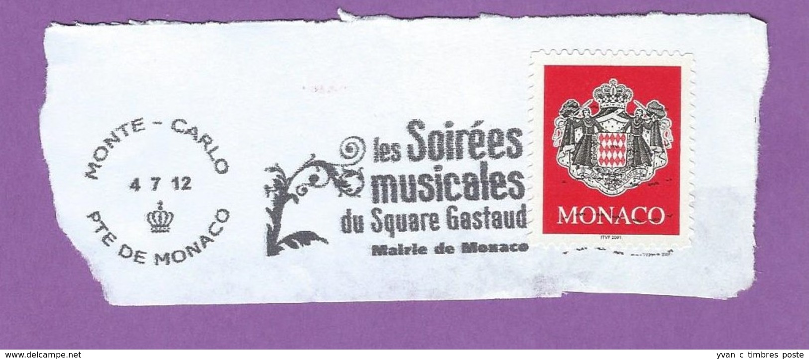 MONACO TIMBRE OBLITERE SUR FRAGMENT FLAMME SOIREES MUSICALES DU SQUARE GASTAUD - Maschinenstempel (EMA)