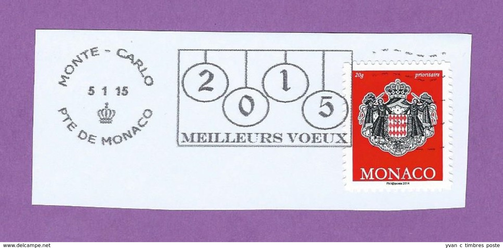 MONACO TIMBRE OBLITERE SUR FRAGMENT FLAMME MEILLEURS VOEUX 2015 - Maschinenstempel (EMA)