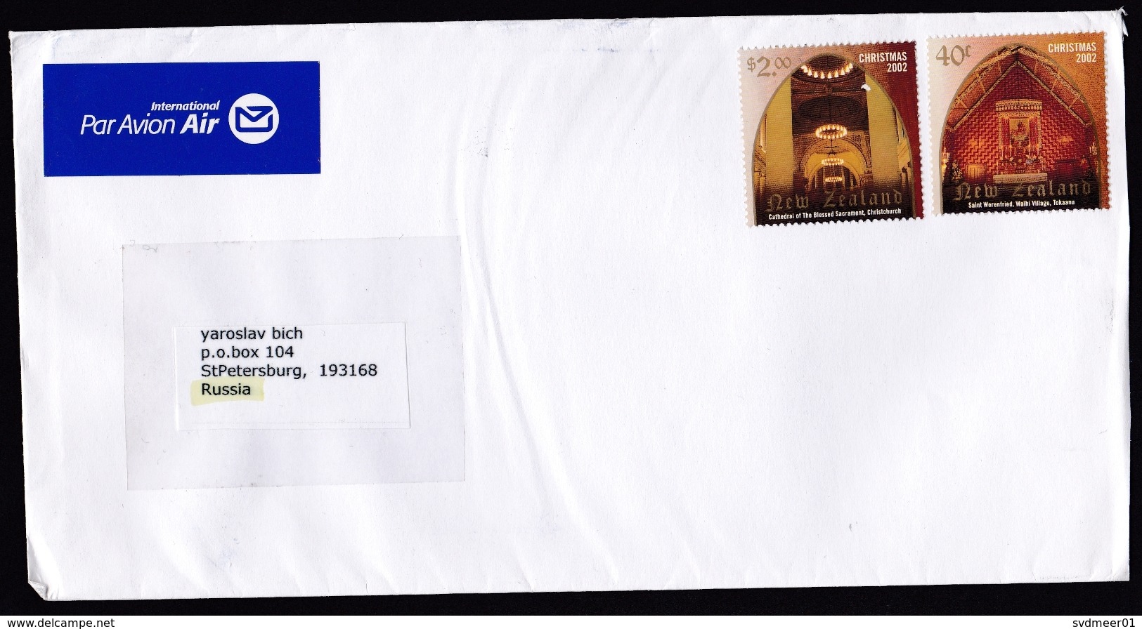 New Zealand: Airmail Cover To Russia, 2013, 2 Stamps, Church, Air Label, Russian Cancel Only (traces Of Use) - Covers & Documents